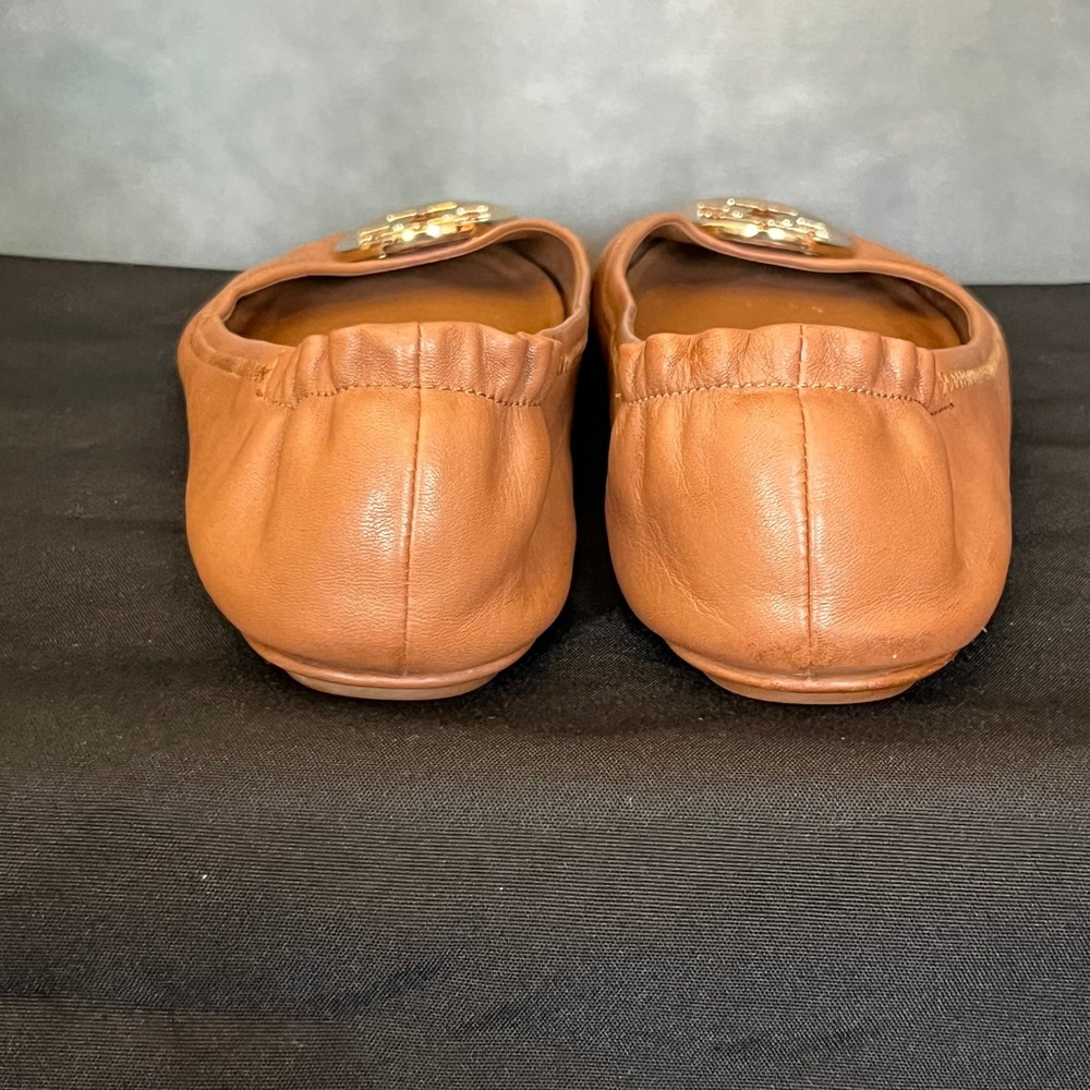 Tory Burch Eleanor Ballet Flats Tan Leather Gold Logo Round Toe Women Size 9 - Picture 5 of 11